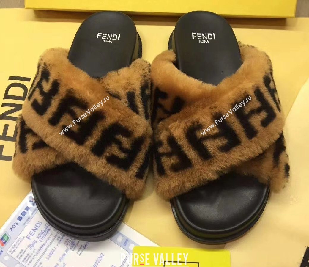 Fendi FF Motif Sheepskin Fur Slides Sandals with Crossed Strap 2020 (modeng-201015)