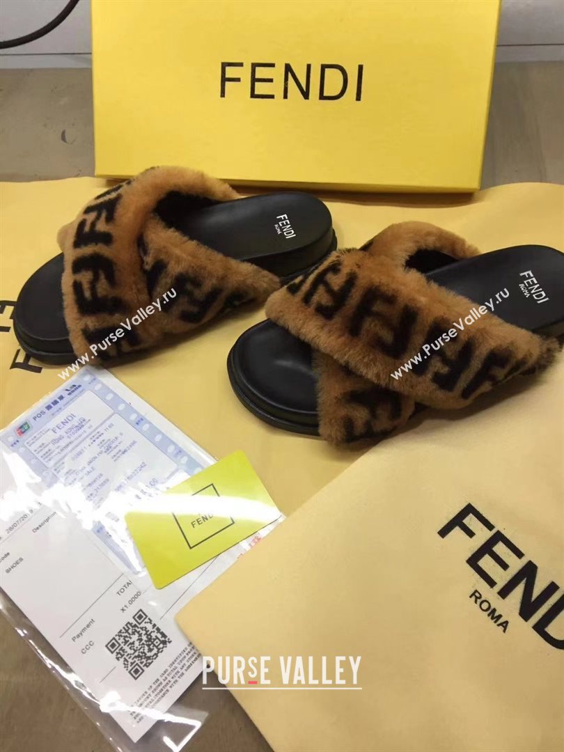 Fendi FF Motif Sheepskin Fur Slides Sandals with Crossed Strap 2020 (modeng-201015)