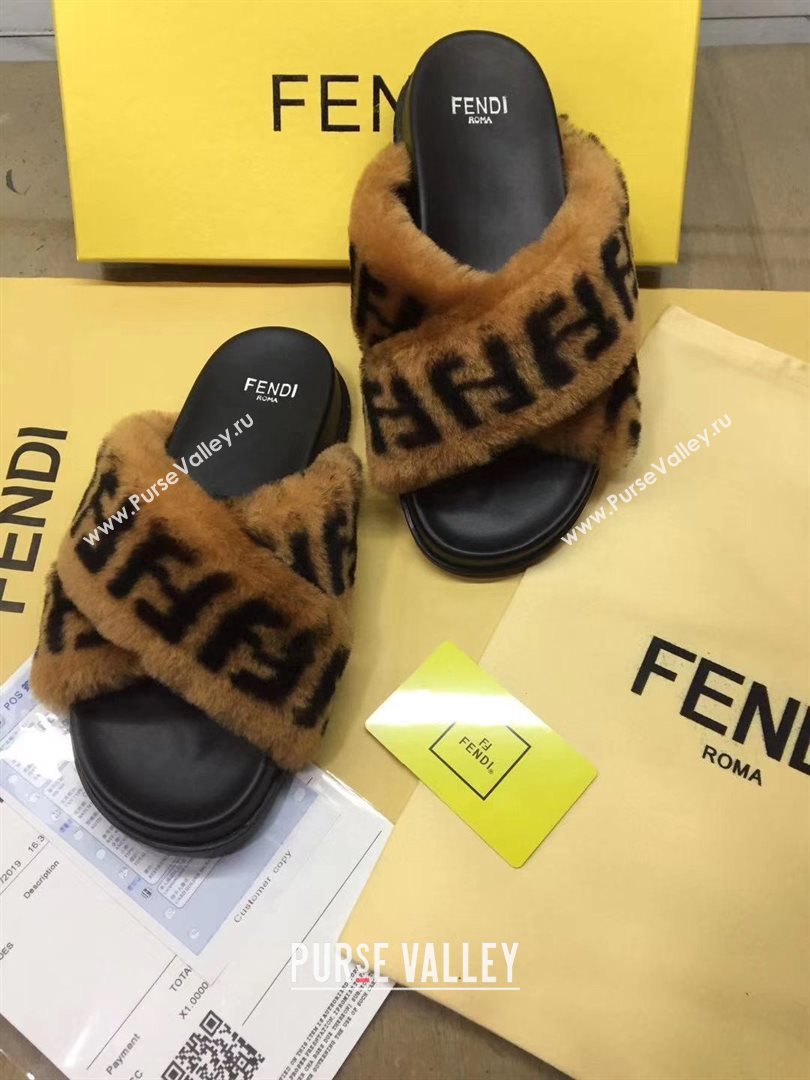 Fendi FF Motif Sheepskin Fur Slides Sandals with Crossed Strap 2020 (modeng-201015)