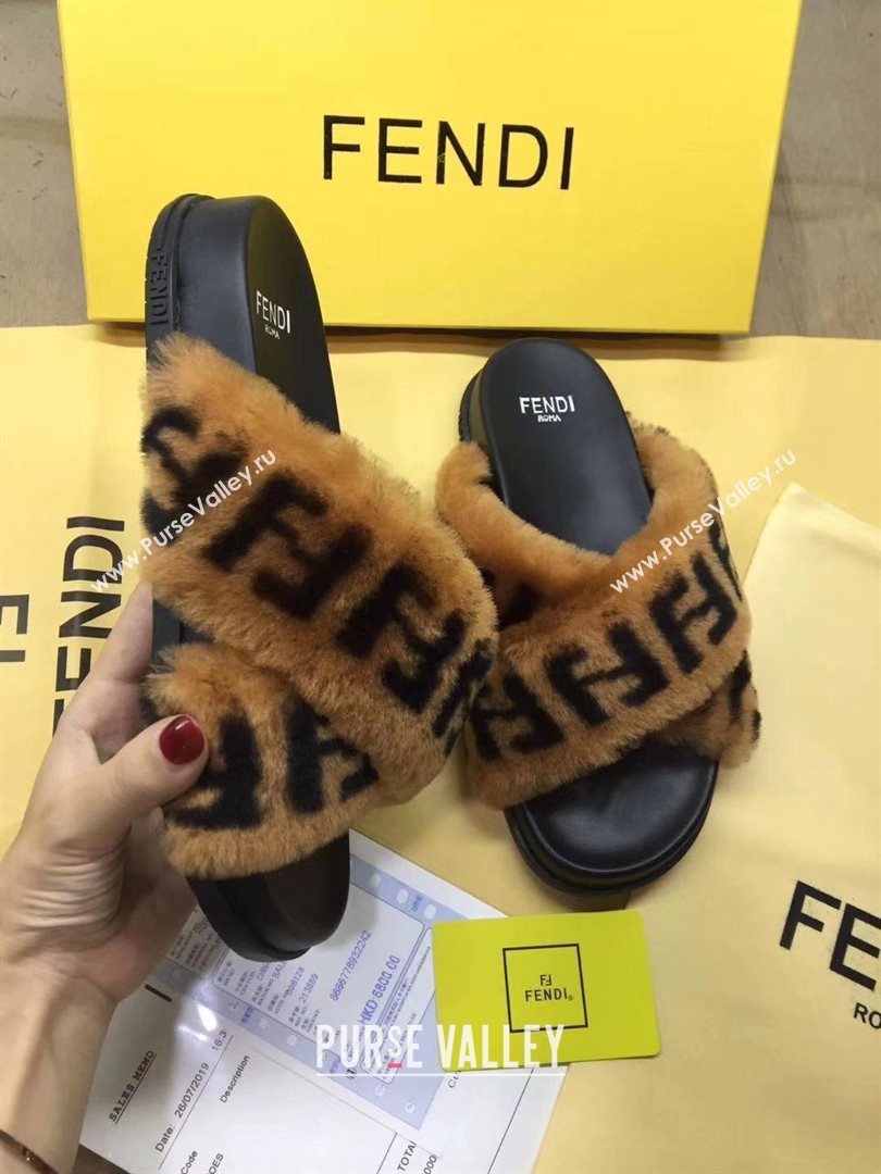 Fendi FF Motif Sheepskin Fur Slides Sandals with Crossed Strap 2020 (modeng-201015)