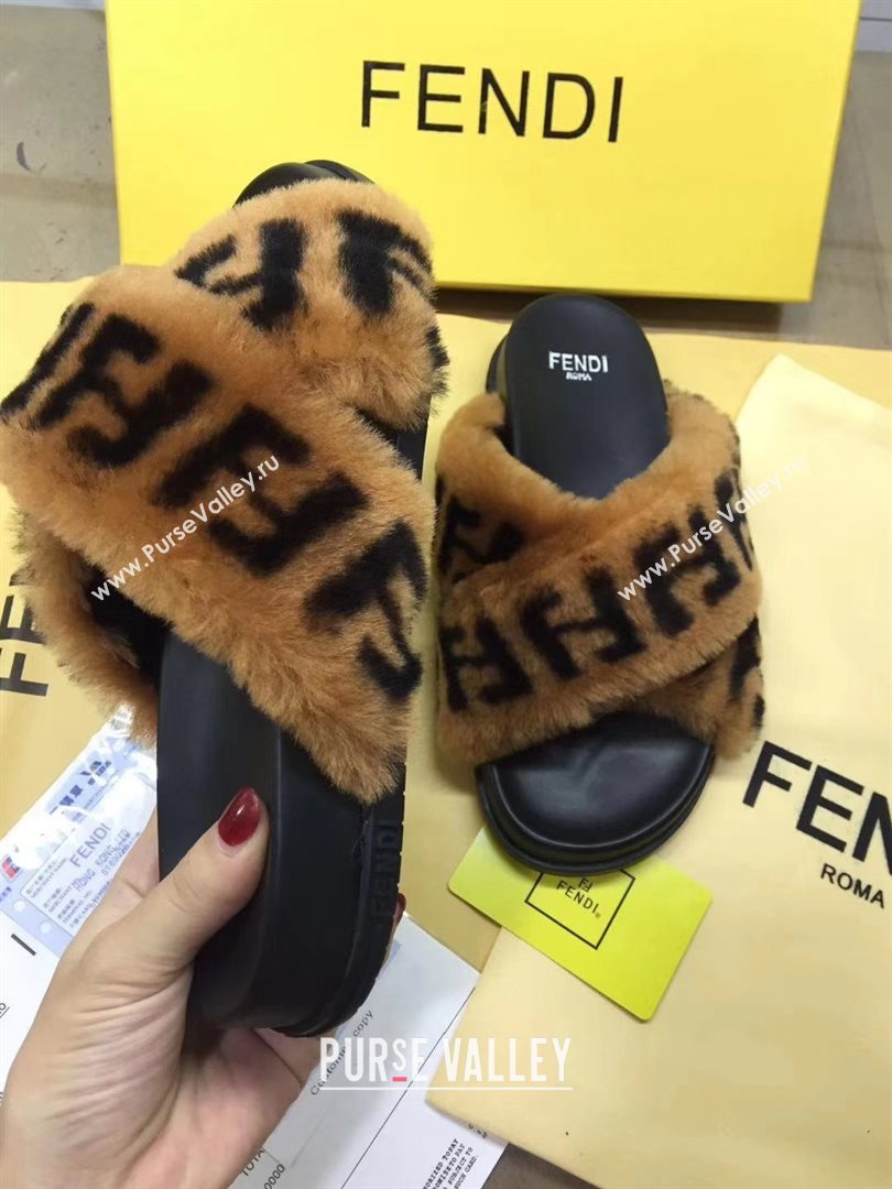 Fendi FF Motif Sheepskin Fur Slides Sandals with Crossed Strap 2020 (modeng-201015)