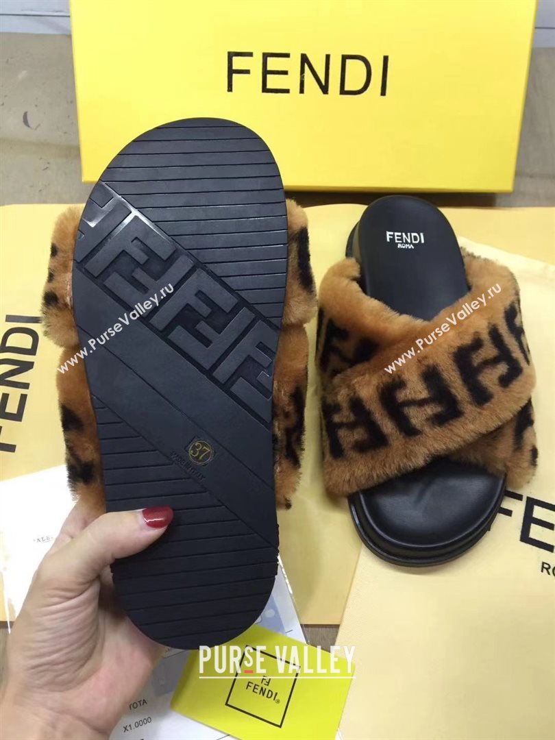 Fendi FF Motif Sheepskin Fur Slides Sandals with Crossed Strap 2020 (modeng-201015)