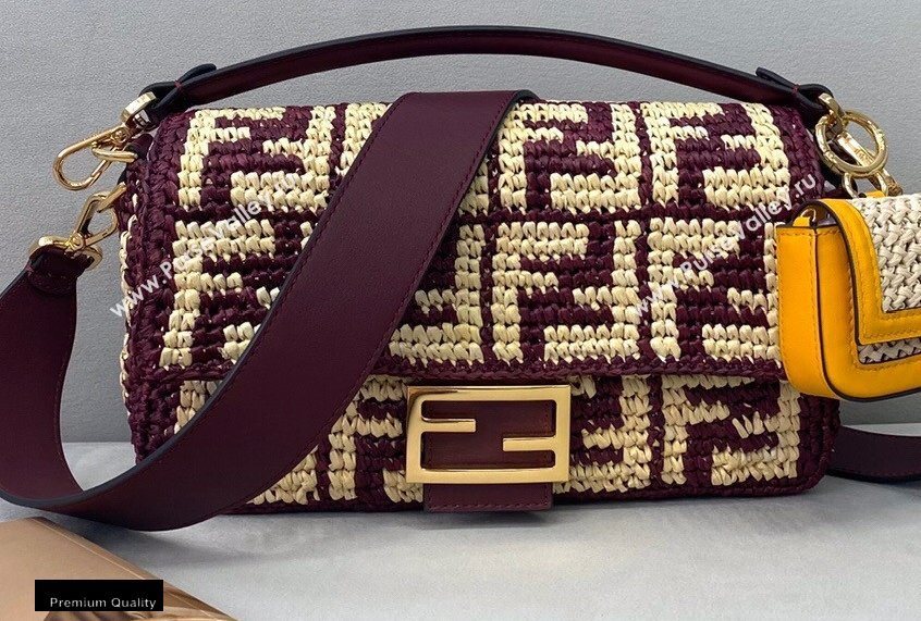 Fendi Raffia FF Medium Baguette Bag Burgundy 2020 (chaoliu-20102202)