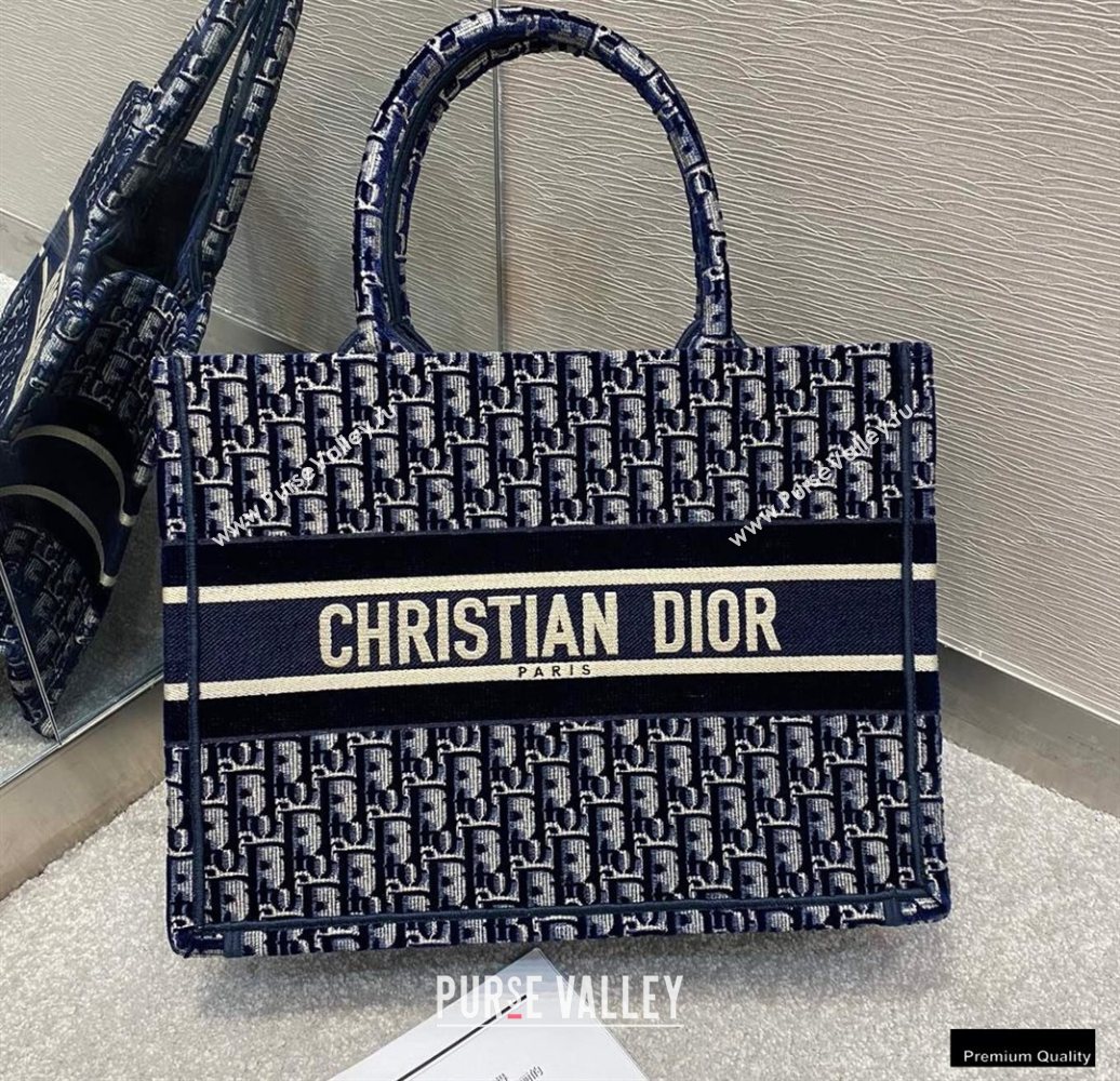Dior Small Book Tote Bag in Oblique Embroidered Velvet Blue 2020 (vivi-20102301)