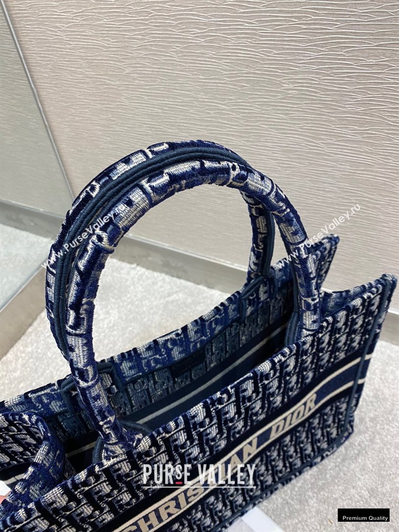 Dior Small Book Tote Bag in Oblique Embroidered Velvet Blue 2020 (vivi-20102301)