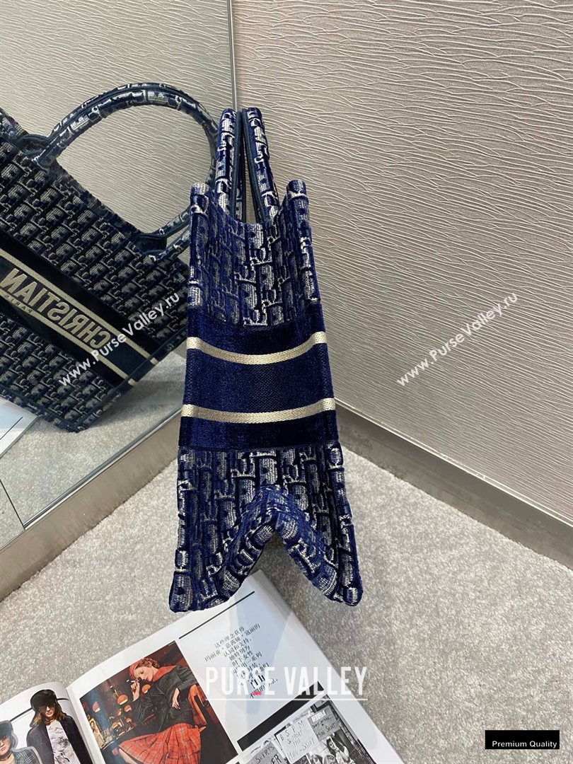 Dior Small Book Tote Bag in Oblique Embroidered Velvet Blue 2020 (vivi-20102301)