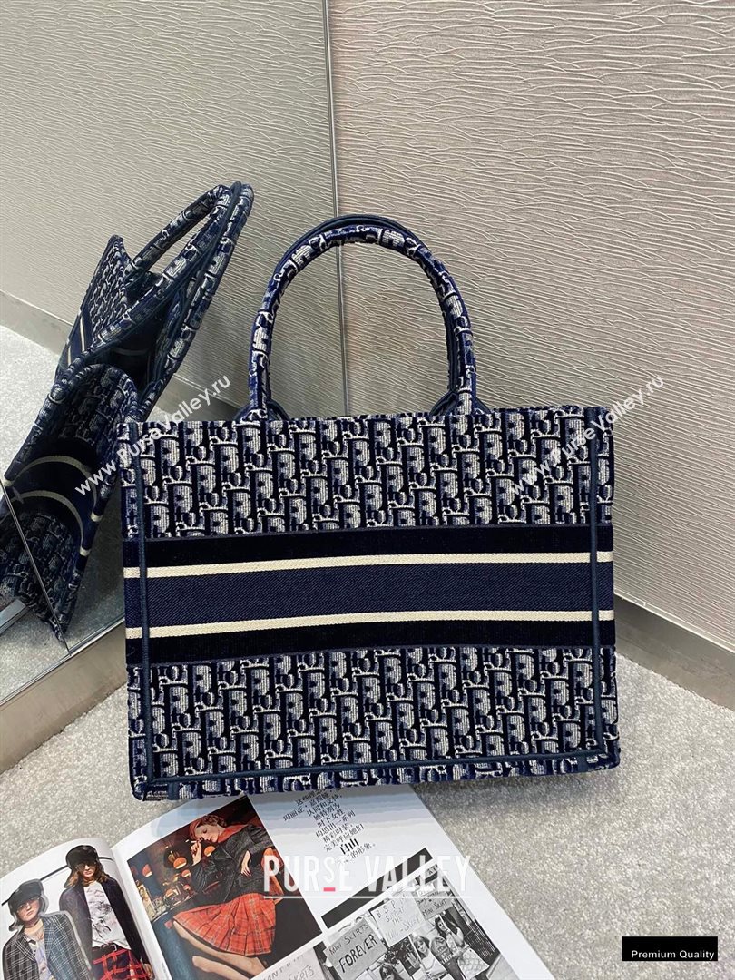 Dior Small Book Tote Bag in Oblique Embroidered Velvet Blue 2020 (vivi-20102301)