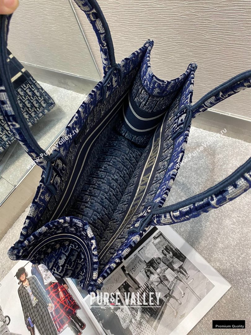 Dior Small Book Tote Bag in Oblique Embroidered Velvet Blue 2020 (vivi-20102301)
