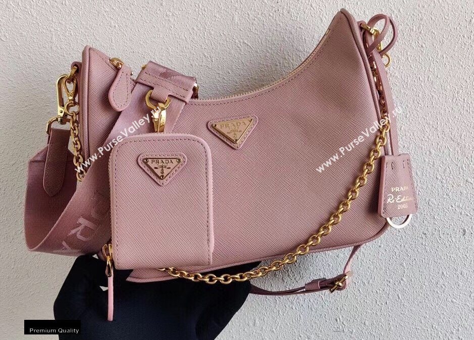 Prada Re-Edition 2005 Saffiano Leather Shoulder Hobo Bag 1BH204 Pink/Gold 2020 (ziyin-20102303)