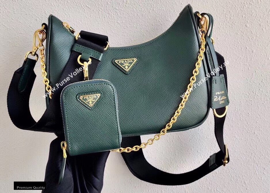 Prada Re-Edition 2005 Saffiano Leather Shoulder Hobo Bag 1BH204 Dark Green/Gold 2020 (ziyin-20102305)