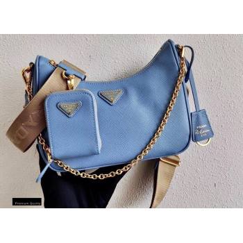 Prada Re-Edition 2005 Saffiano Leather Shoulder Hobo Bag 1BH204 Light Blue/Gold 2020 (ziyin-20102304)