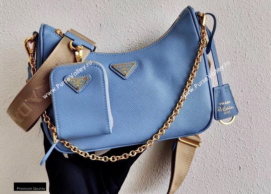 Prada Re-Edition 2005 Saffiano Leather Shoulder Hobo Bag 1BH204 Light Blue/Gold 2020 (ziyin-20102304)