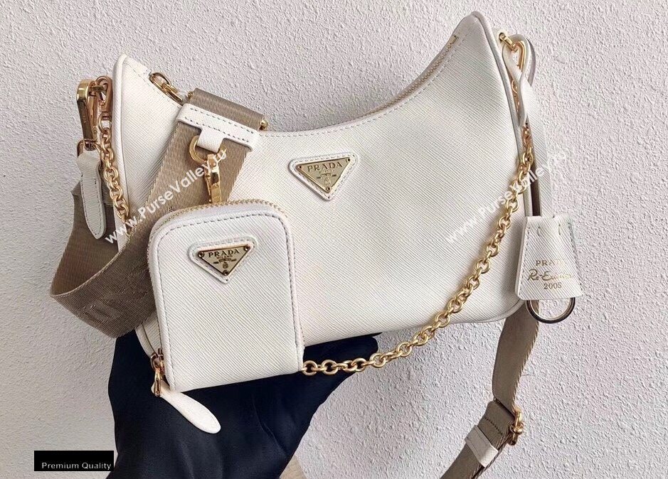 Prada Re-Edition 2005 Saffiano Leather Shoulder Hobo Bag 1BH204 White/Gold 2020 (ziyin-20102301)