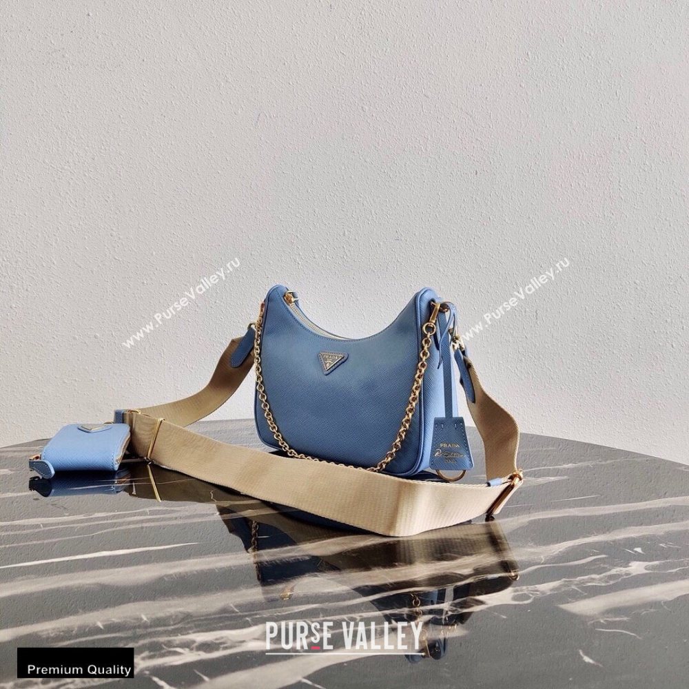 Prada Re-Edition 2005 Saffiano Leather Shoulder Hobo Bag 1BH204 Light Blue/Gold 2020 (ziyin-20102304)