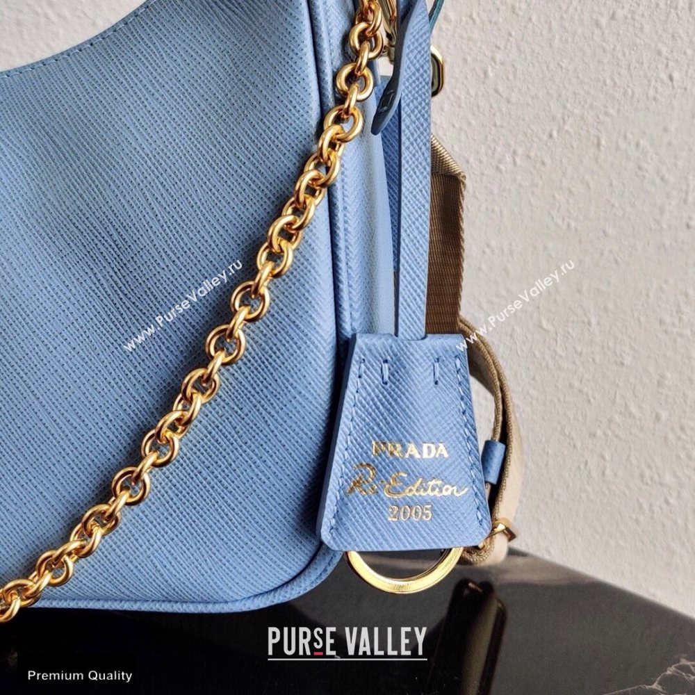 Prada Re-Edition 2005 Saffiano Leather Shoulder Hobo Bag 1BH204 Light Blue/Gold 2020 (ziyin-20102304)