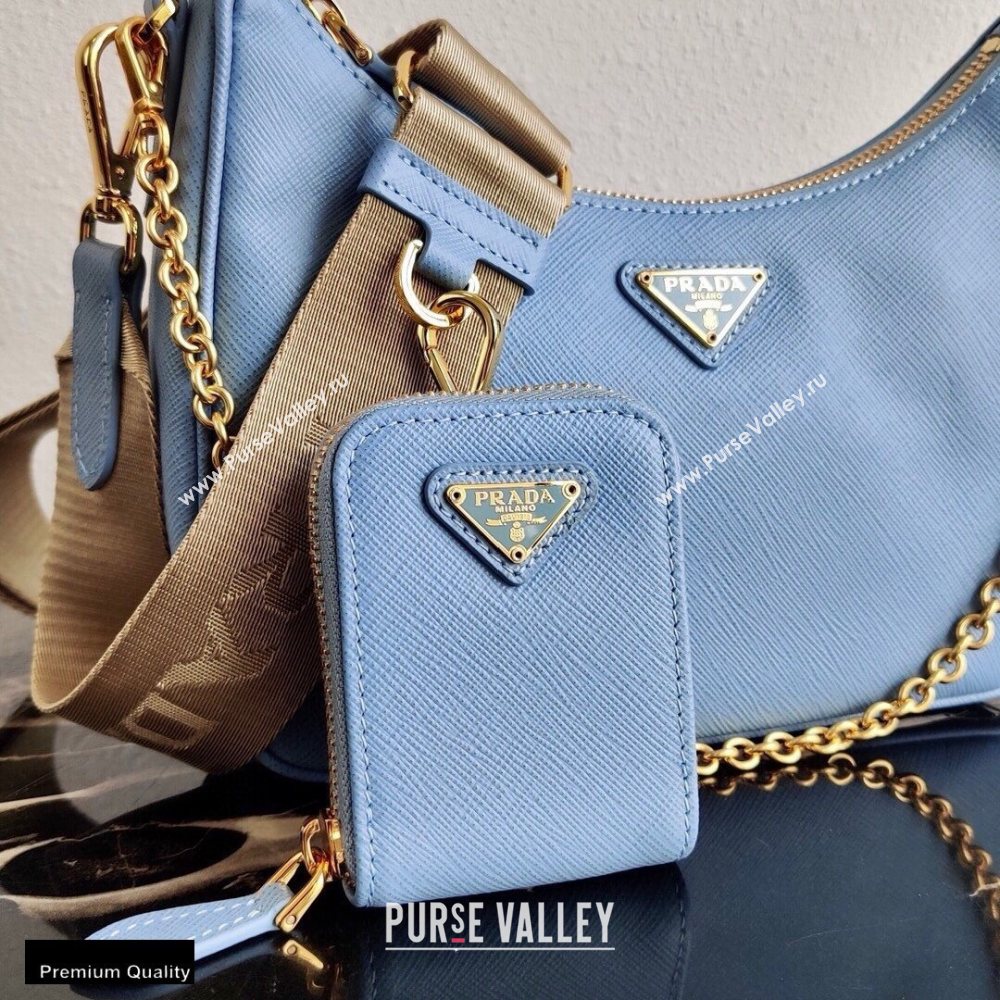 Prada Re-Edition 2005 Saffiano Leather Shoulder Hobo Bag 1BH204 Light Blue/Gold 2020 (ziyin-20102304)