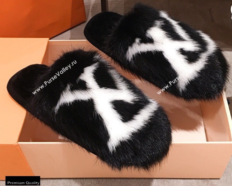 Louis Vuitton Mink Fur LV Suite Flat Mules Black 2020 (kaola-20102805)