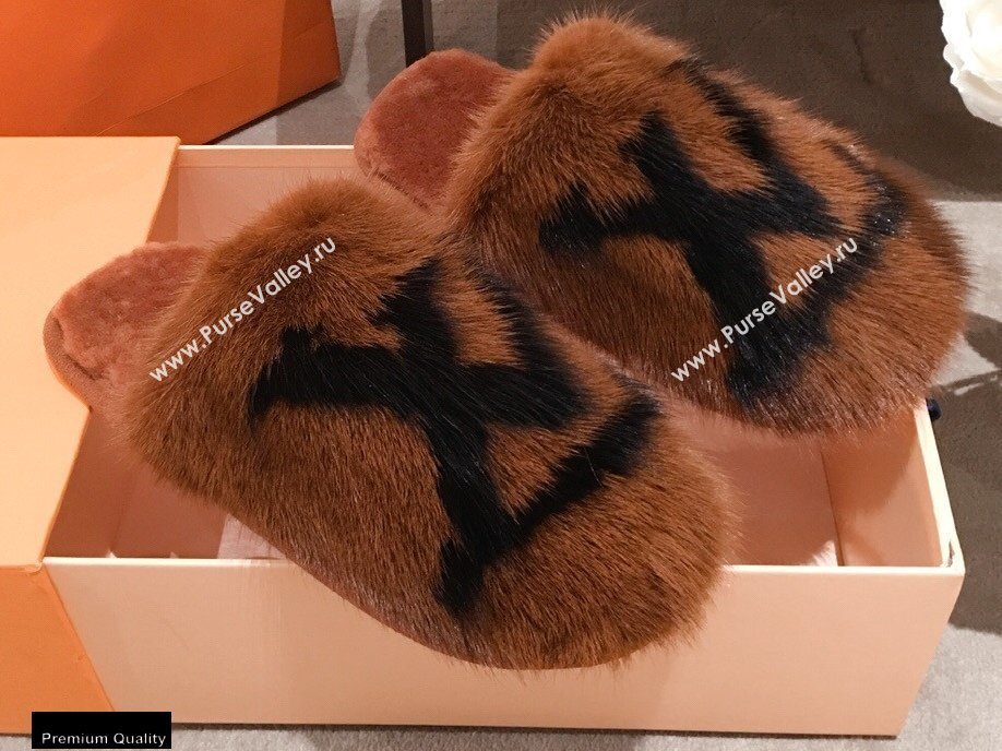 Louis Vuitton Mink Fur LV Suite Flat Mules Brown 2020 (kaola-20102808)