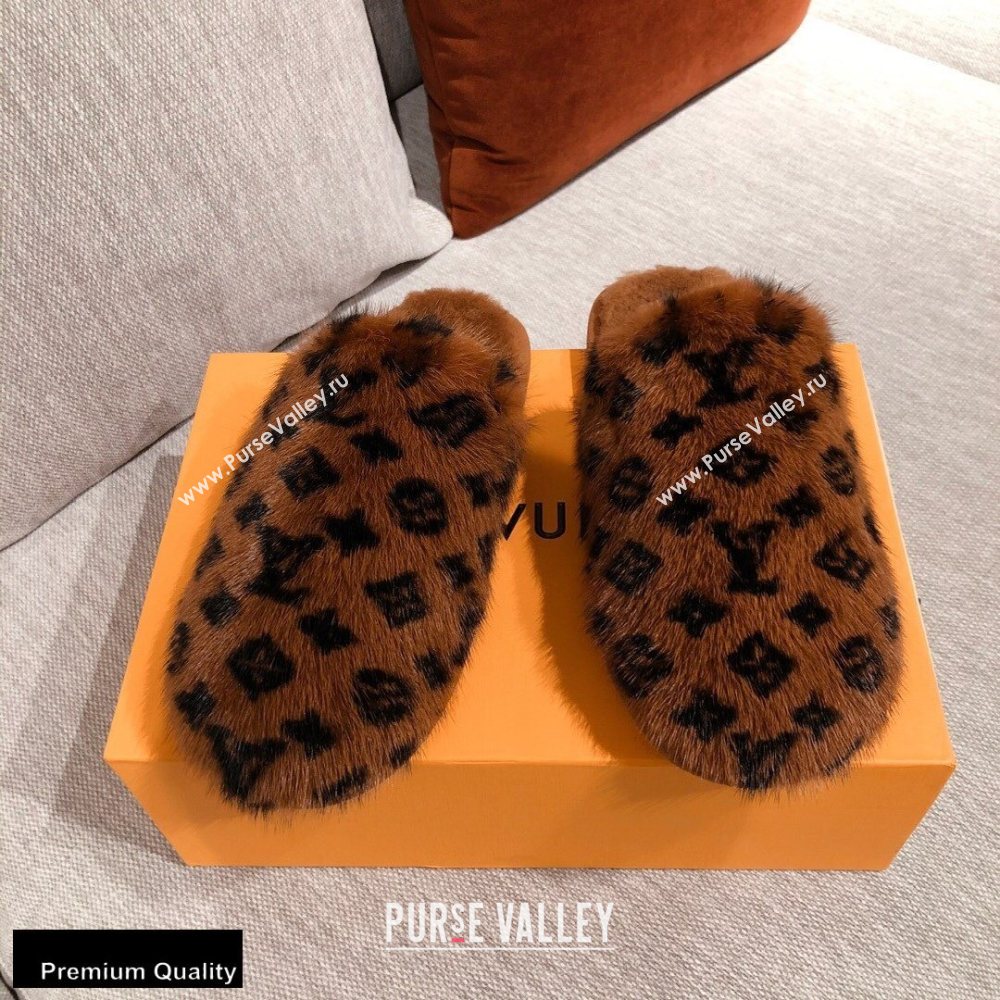 Louis Vuitton Monogram Mink Fur LV Suite Flat Mules Brown 2020 (kaola-20102821)