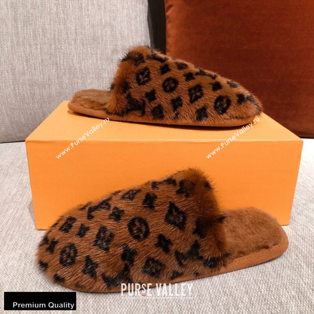 Louis Vuitton Monogram Mink Fur LV Suite Flat Mules Brown 2020 (kaola-20102821)