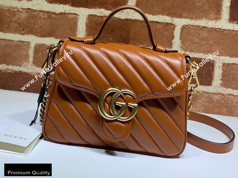 Gucci Diagonal GG Marmont Mini Top Handle Bag 583571 Brown 2020 (dlh-20110512)