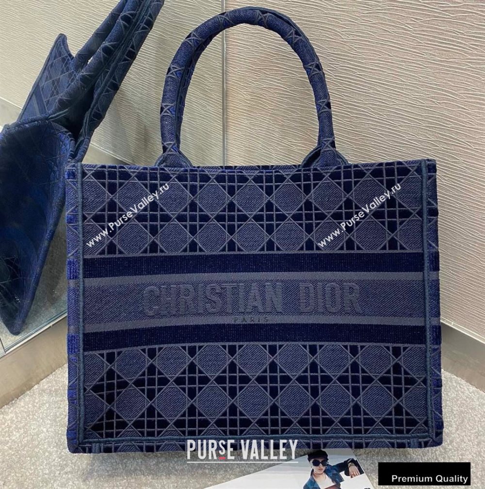 Dior Small Book Tote Bag in Cannage Embroidered Velvet Blue 2020 (vivi-20111108 )