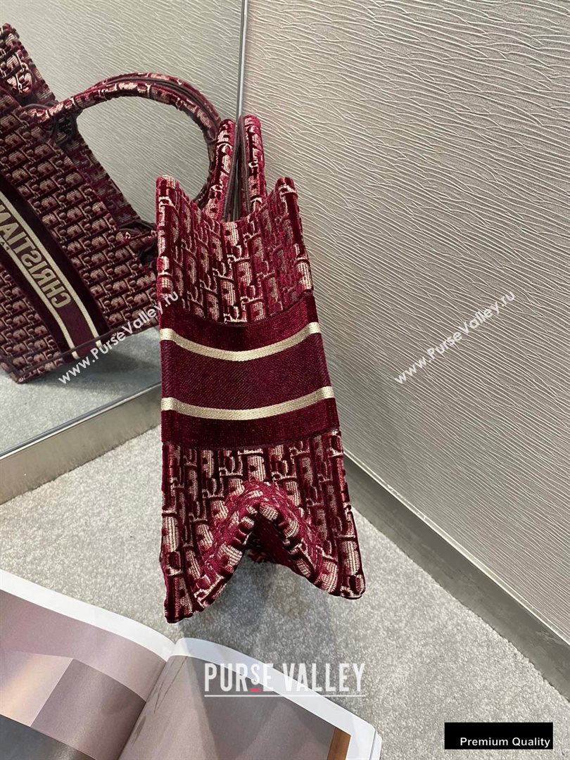 Dior Small Book Tote Bag in Oblique Embroidered Velvet Burgundy 2020 (vivi-20102303 )