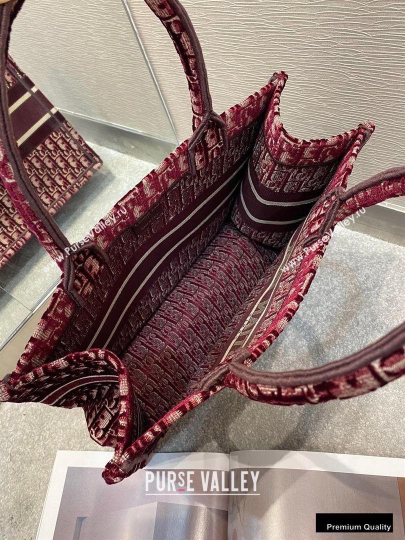 Dior Small Book Tote Bag in Oblique Embroidered Velvet Burgundy 2020 (vivi-20102303 )