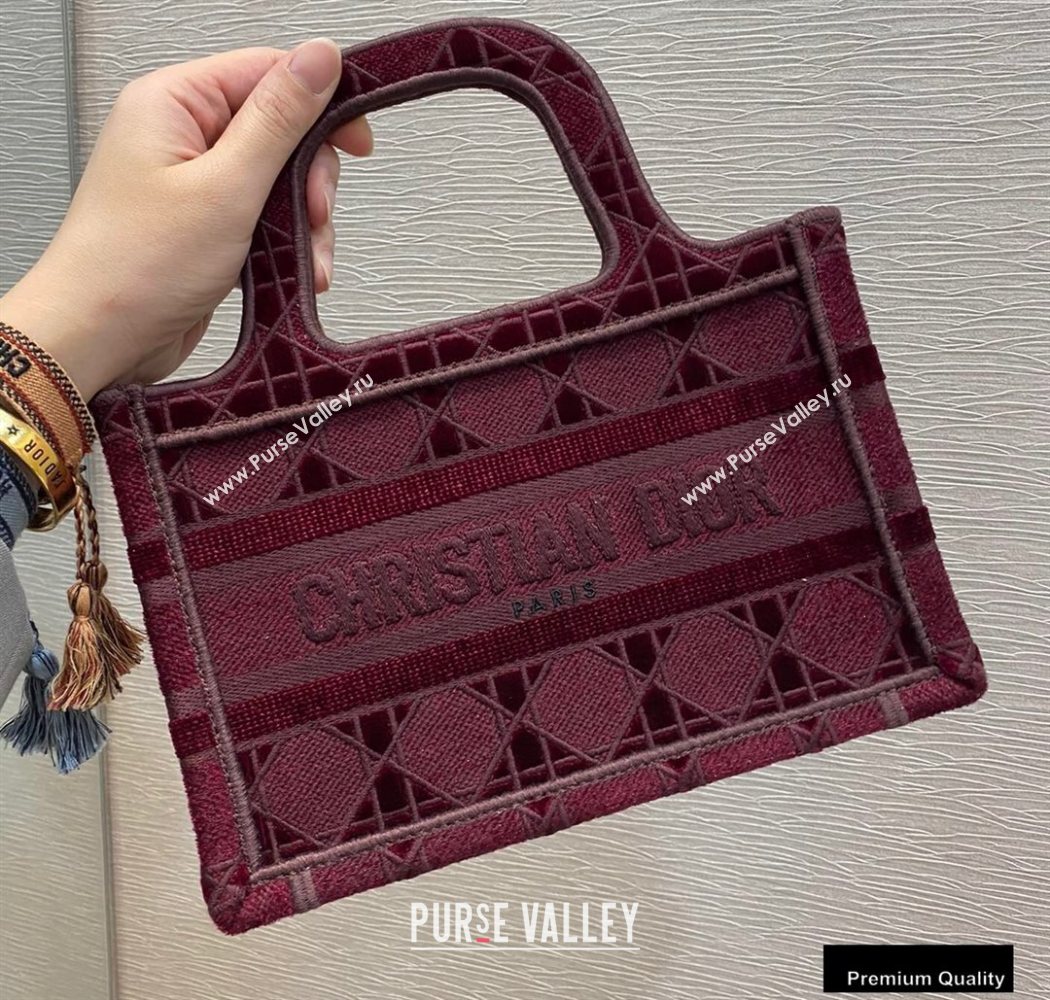 Dior Mini Book Tote Bag in Cannage Embroidered Velvet Burgundy 2020 (vivi-20111106 )