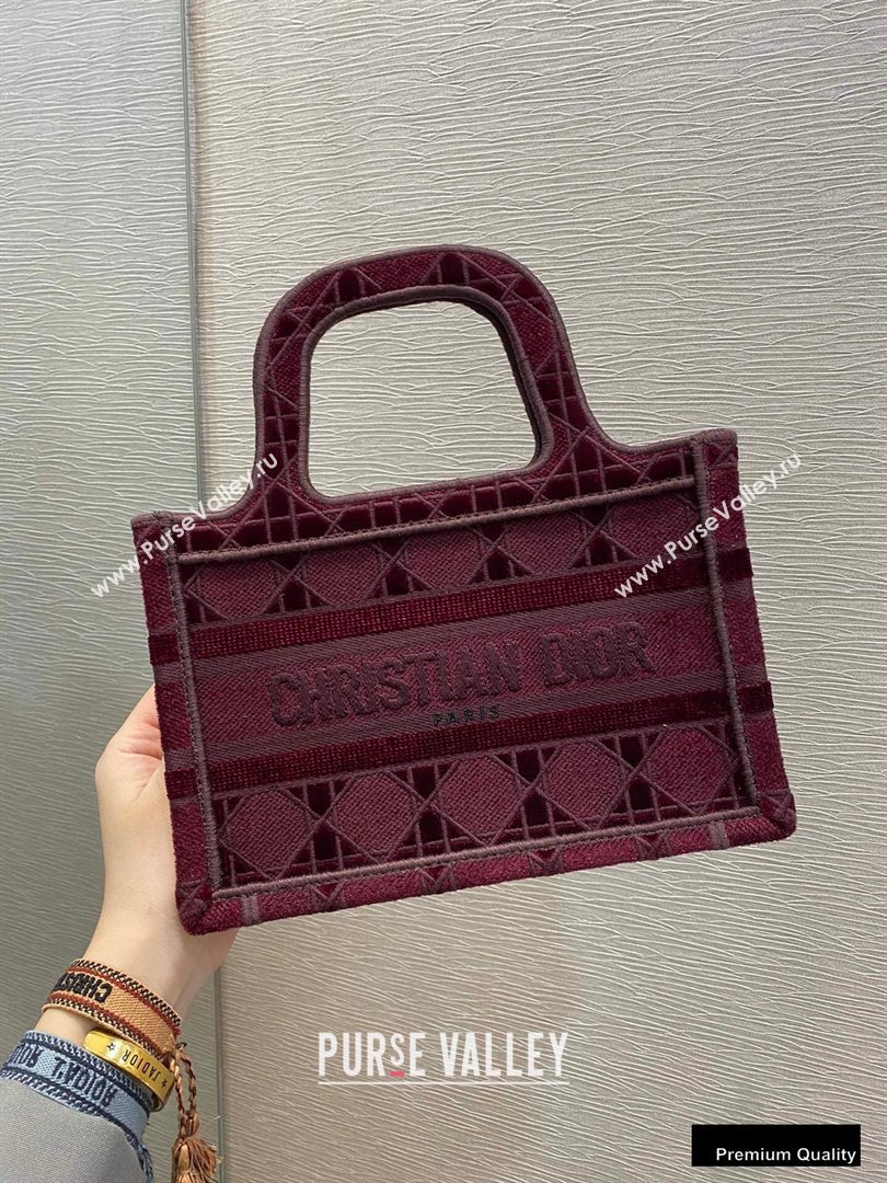Dior Mini Book Tote Bag in Cannage Embroidered Velvet Burgundy 2020 (vivi-20111106 )