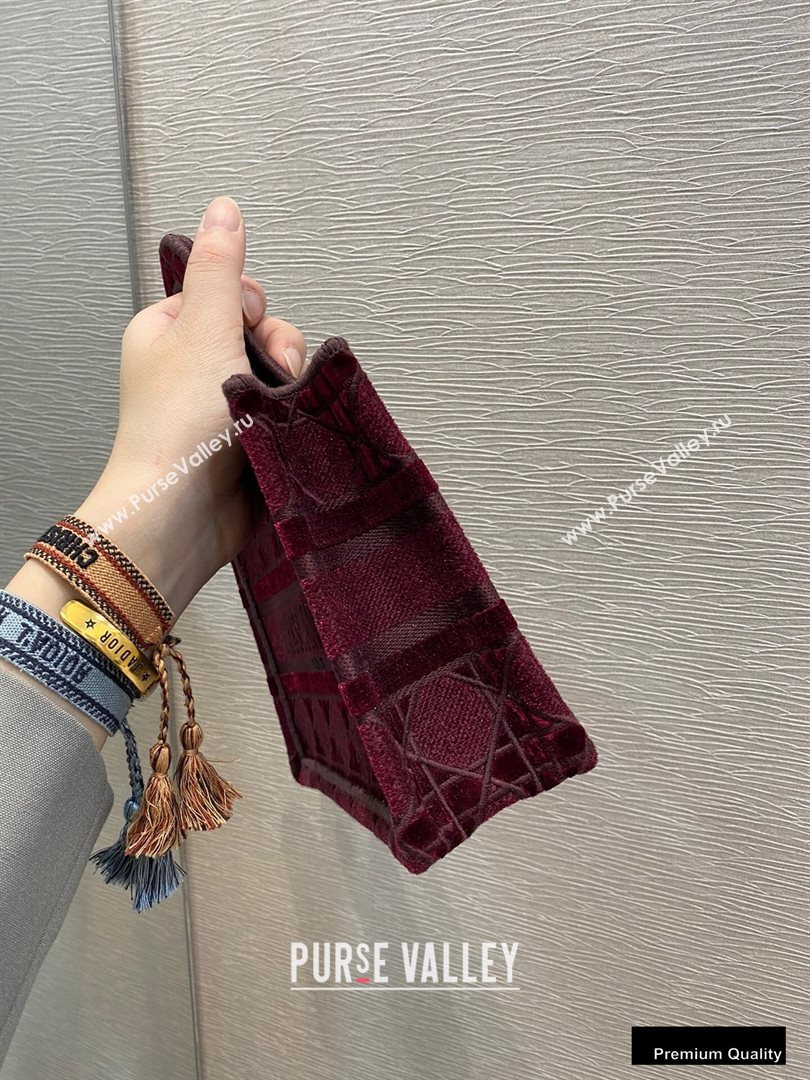 Dior Mini Book Tote Bag in Cannage Embroidered Velvet Burgundy 2020 (vivi-20111106 )