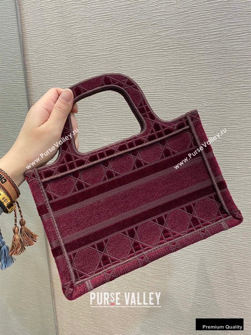 Dior Mini Book Tote Bag in Cannage Embroidered Velvet Burgundy 2020 (vivi-20111106 )