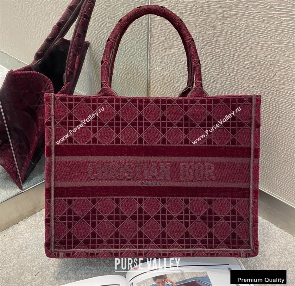 Dior Small Book Tote Bag in Cannage Embroidered Velvet Burgundy 2020 (vivi-20111105 )