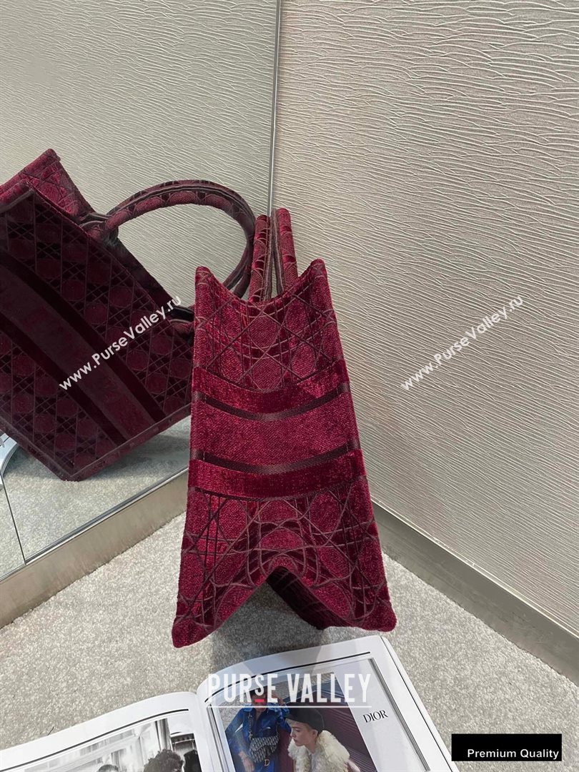 Dior Small Book Tote Bag in Cannage Embroidered Velvet Burgundy 2020 (vivi-20111105 )