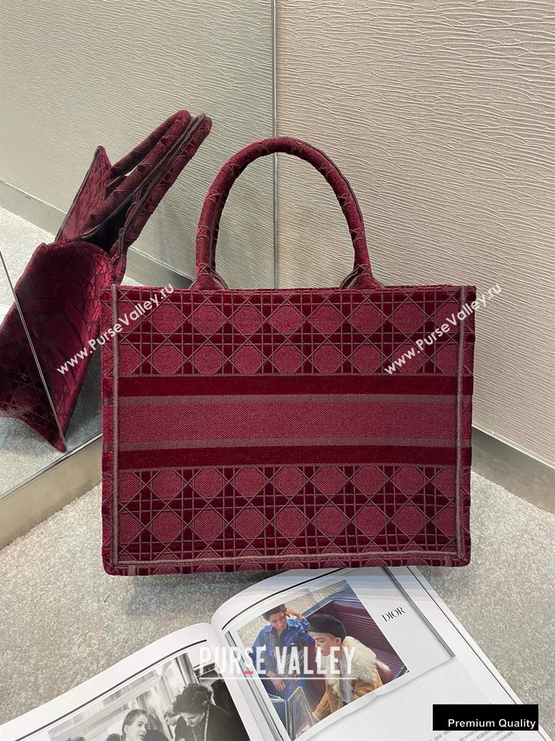 Dior Small Book Tote Bag in Cannage Embroidered Velvet Burgundy 2020 (vivi-20111105 )