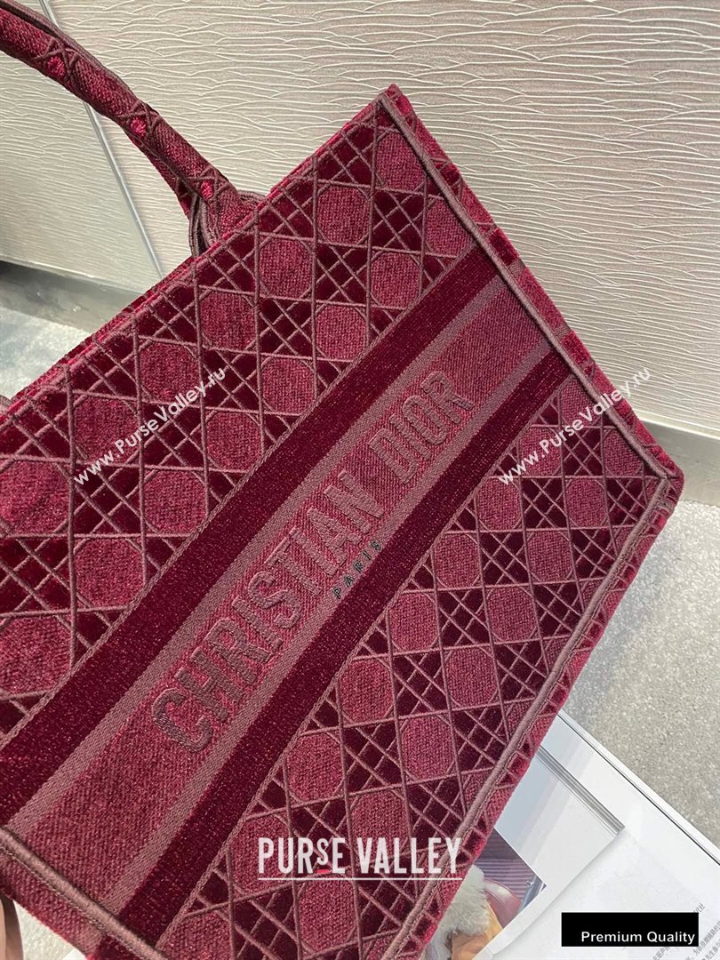 Dior Small Book Tote Bag in Cannage Embroidered Velvet Burgundy 2020 (vivi-20111105 )