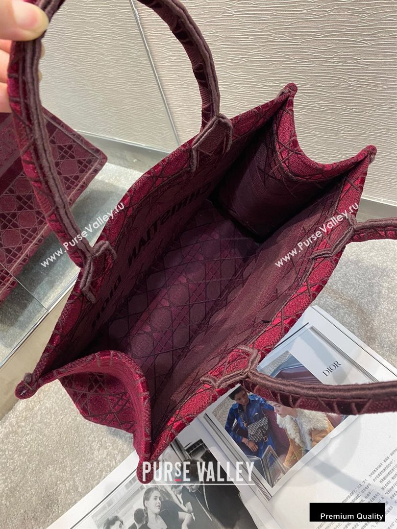 Dior Small Book Tote Bag in Cannage Embroidered Velvet Burgundy 2020 (vivi-20111105 )