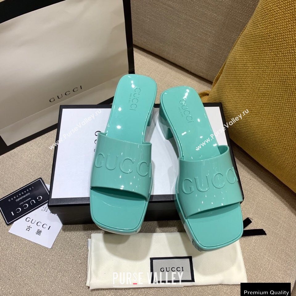 Gucci Heel 5.5cm Platform 2.5cm Embossed Logo Rubber Slide Sandals Green 2020 (modeng-20113011)