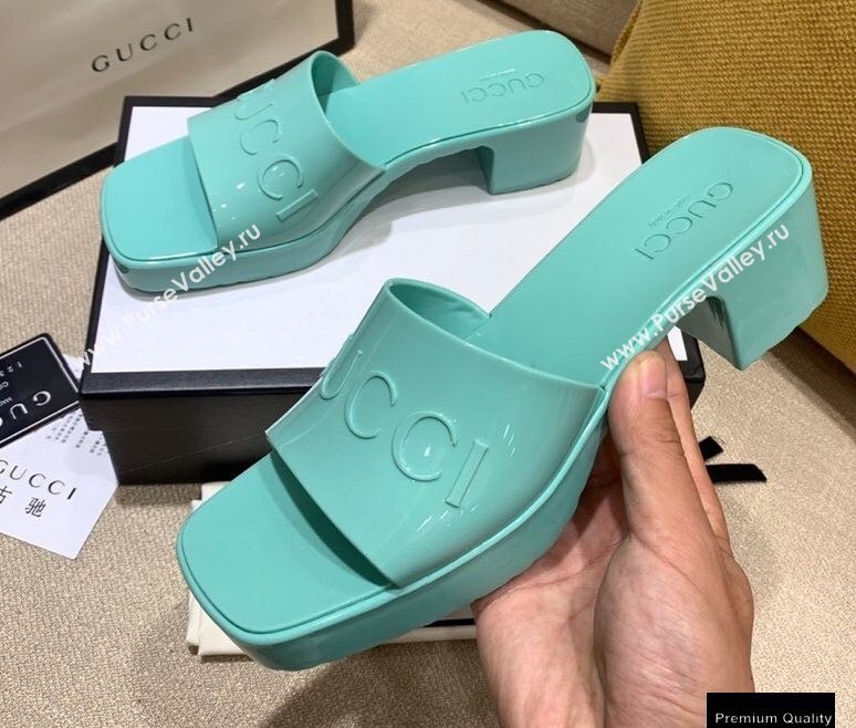 Gucci Heel 5.5cm Platform 2.5cm Embossed Logo Rubber Slide Sandals Green 2020 (modeng-20113011)