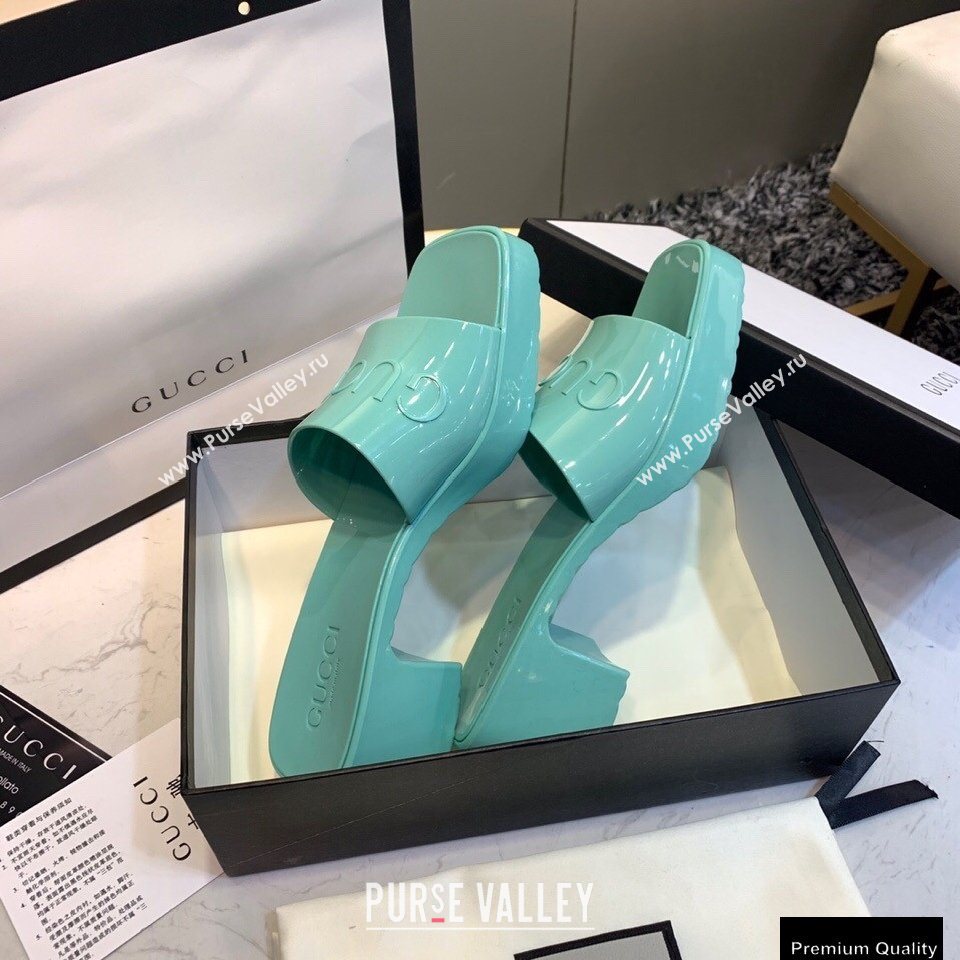 Gucci Heel 5.5cm Platform 2.5cm Embossed Logo Rubber Slide Sandals Green 2020 (modeng-20113011)