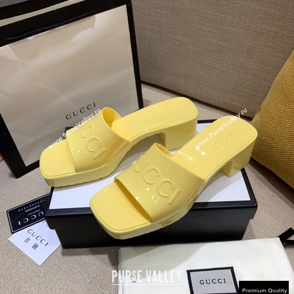 Gucci Heel 5.5cm Platform 2.5cm Embossed Logo Rubber Slide Sandals Yellow 2020 (modeng-20113012)