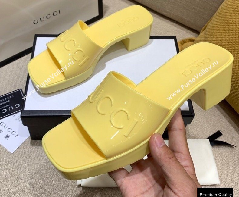 Gucci Heel 5.5cm Platform 2.5cm Embossed Logo Rubber Slide Sandals Yellow 2020 (modeng-20113012)