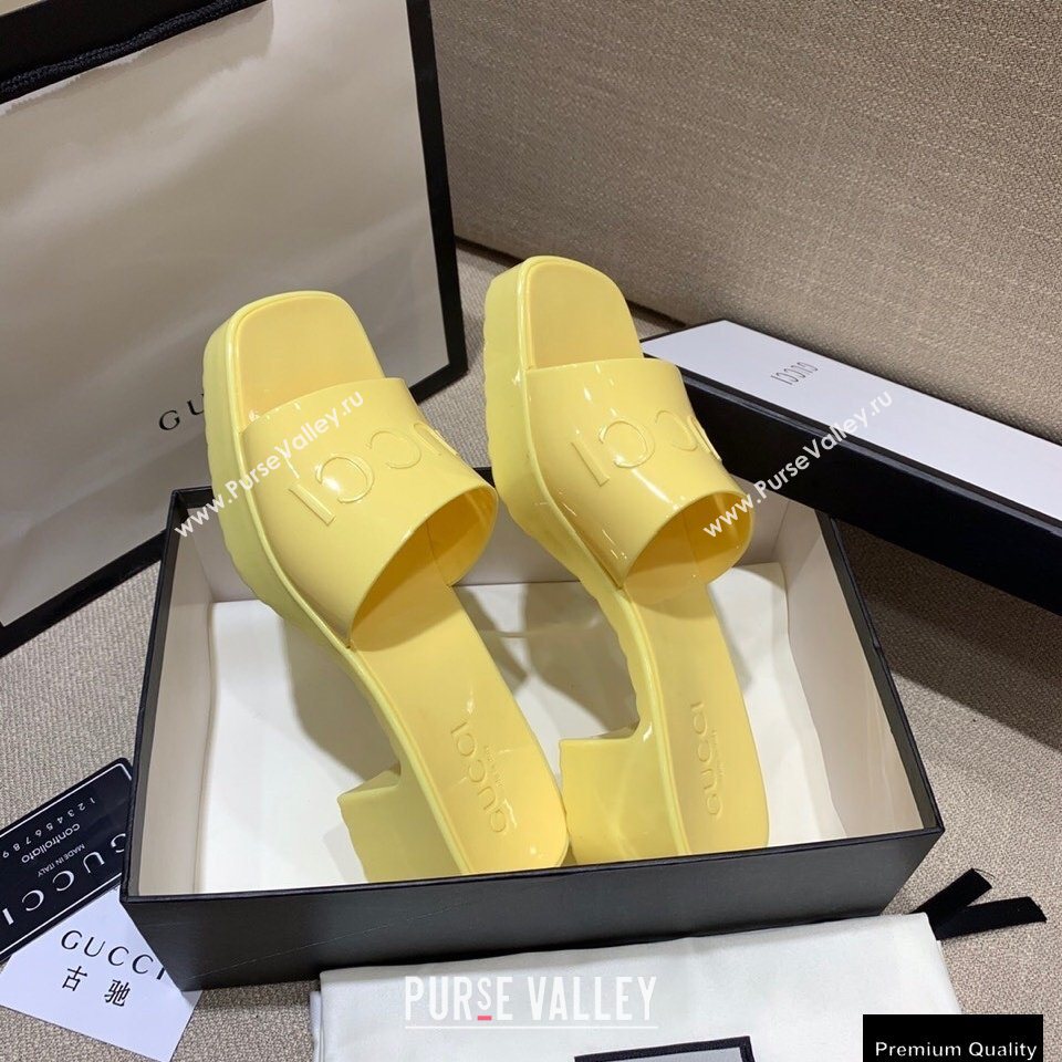 Gucci Heel 5.5cm Platform 2.5cm Embossed Logo Rubber Slide Sandals Yellow 2020 (modeng-20113012)