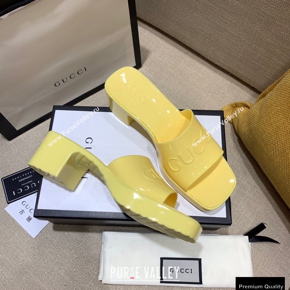 Gucci Heel 5.5cm Platform 2.5cm Embossed Logo Rubber Slide Sandals Yellow 2020 (modeng-20113012)