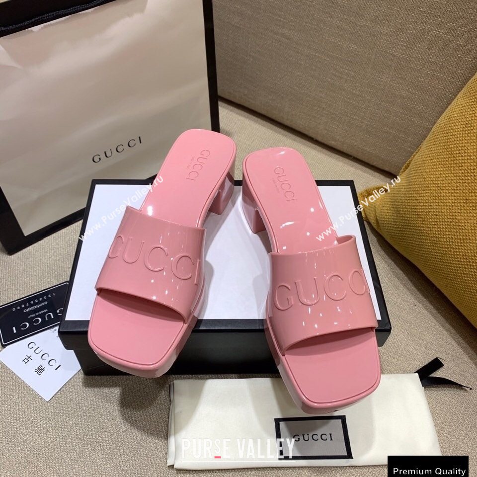 Gucci Heel 5.5cm Platform 2.5cm Embossed Logo Rubber Slide Sandals Pink 2020 (modeng-20113009)
