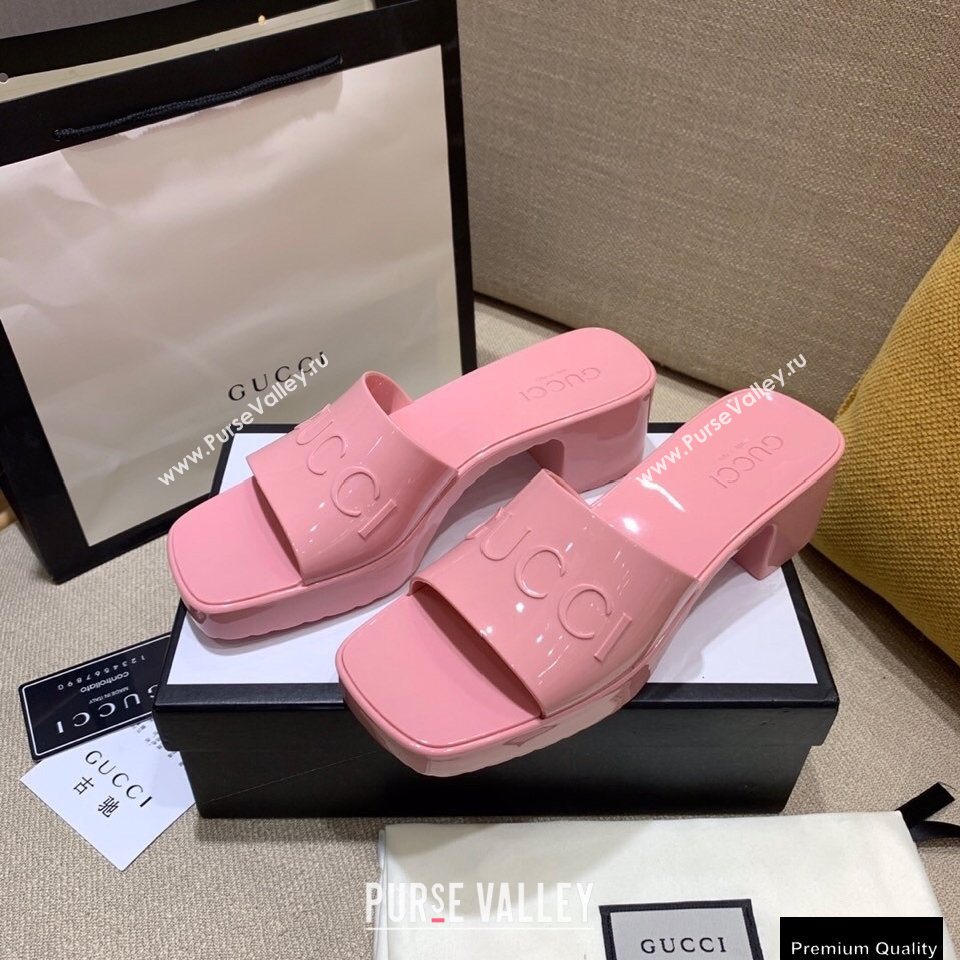 Gucci Heel 5.5cm Platform 2.5cm Embossed Logo Rubber Slide Sandals Pink 2020 (modeng-20113009)