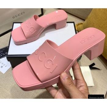 Gucci Heel 5.5cm Platform 2.5cm Embossed Logo Rubber Slide Sandals Pink 2020 (modeng-20113009)