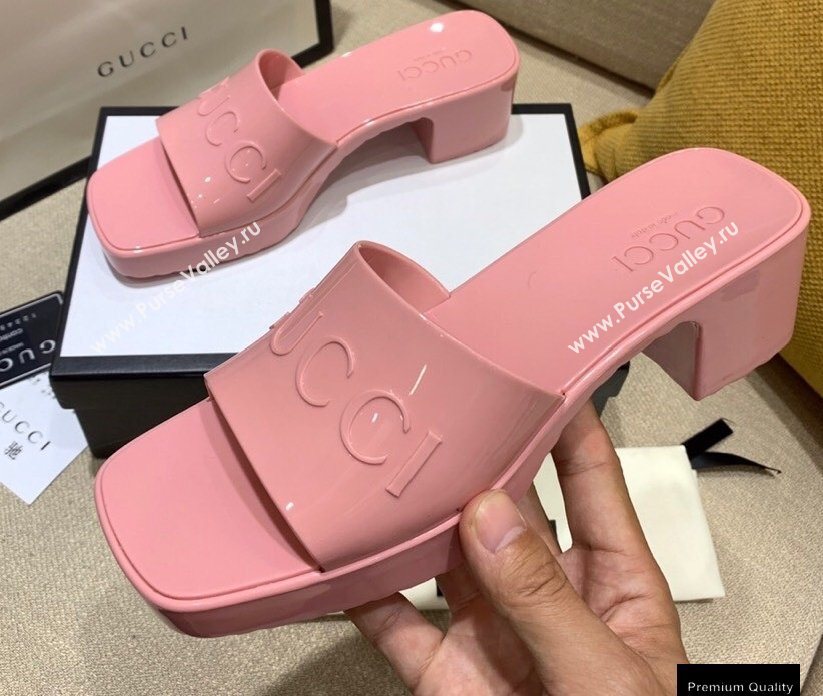 Gucci Heel 5.5cm Platform 2.5cm Embossed Logo Rubber Slide Sandals Pink 2020 (modeng-20113009)