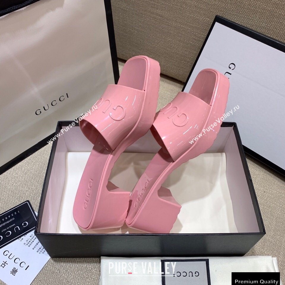 Gucci Heel 5.5cm Platform 2.5cm Embossed Logo Rubber Slide Sandals Pink 2020 (modeng-20113009)