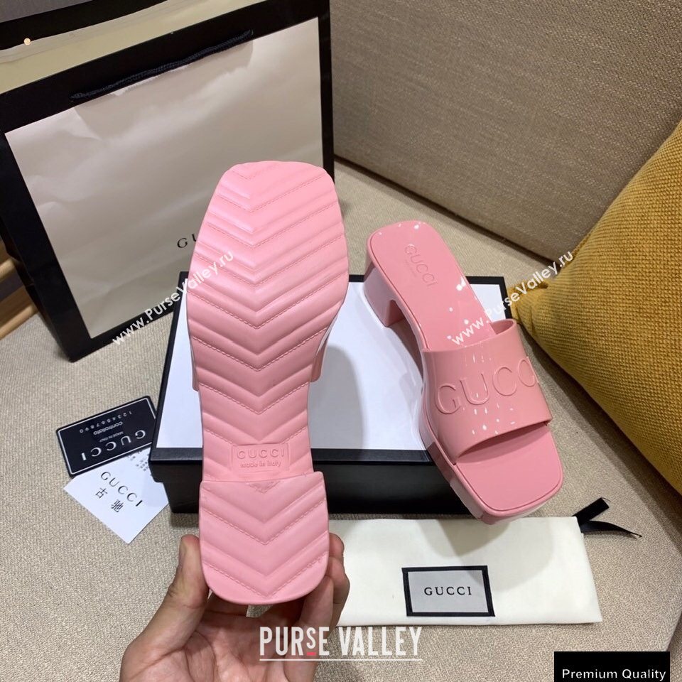 Gucci Heel 5.5cm Platform 2.5cm Embossed Logo Rubber Slide Sandals Pink 2020 (modeng-20113009)